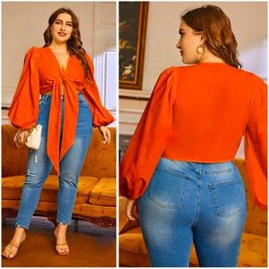 🚨50%off📦Plus Size Lathern Sleeve Knot Front Crop - XXL - Orange